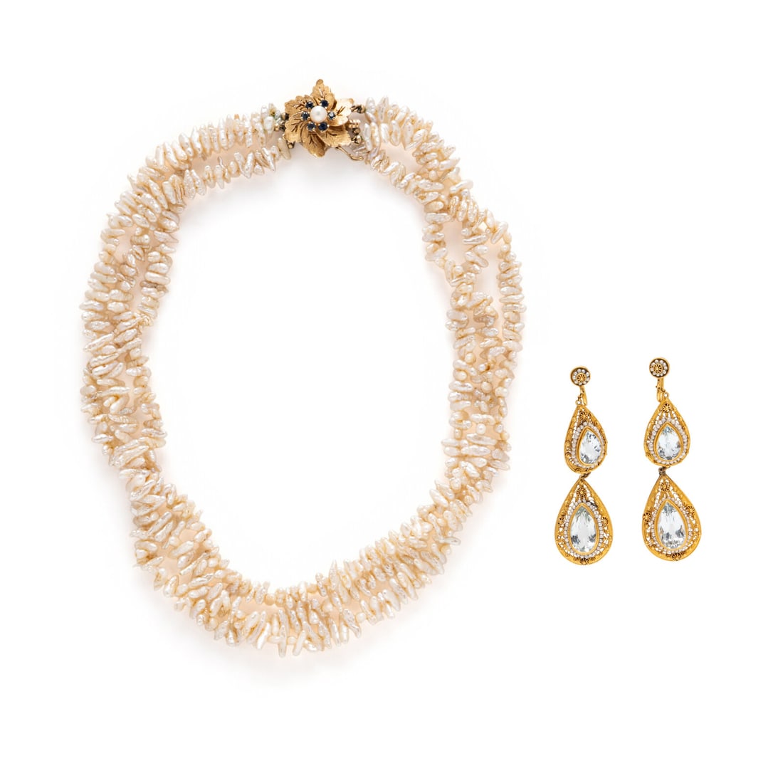 KESHI PEARL NECKLACE AND SEED PEARL AND AQUAMARINE EARRINGS: KESHI PEARL NECKLACE AND SEED PEARL AND AQUAMARINE EARRINGS Including a pair of earrings set with pear shape aquamarines and seed pearls, and a triple strand keshi pearl necklace with a 14 karat