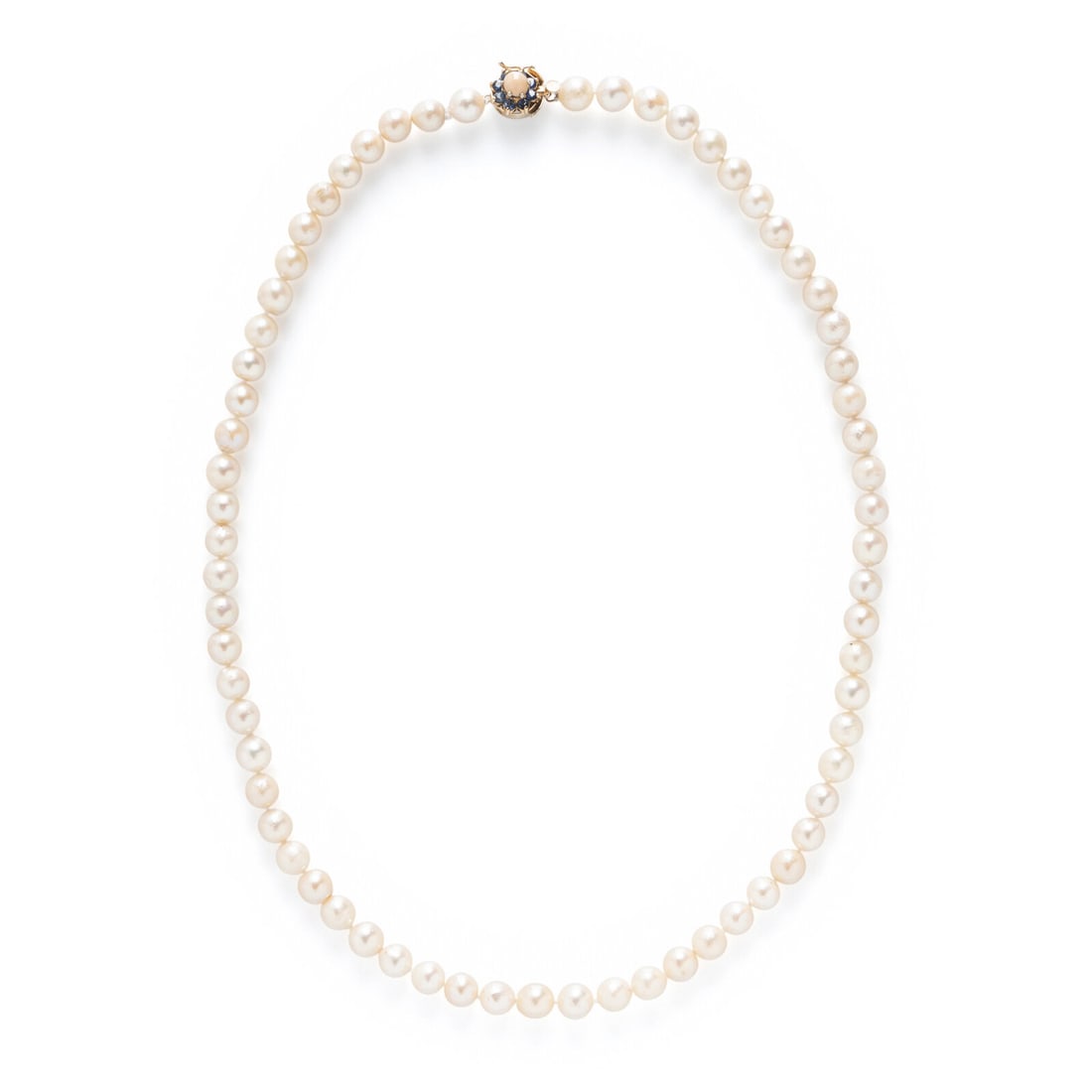 CULTURED PEARL, CONCH PEARL, AND SAPPHIRE NECKLACE: CULTURED PEARL, CONCH PEARL, AND SAPPHIRE NECKLACE Cultured pearls measuring approximately 7.00 - 7.50 mm, with a 14 karat yellow gold clasp set with a conch pearl and round sapphires. 21 1/2 inches
