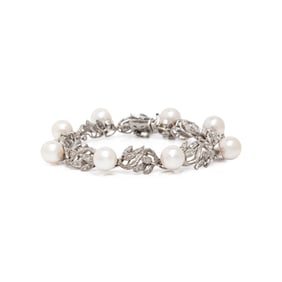 CULTURED PEARL, DIAMOND, AND WHITE GOLD BRACELET