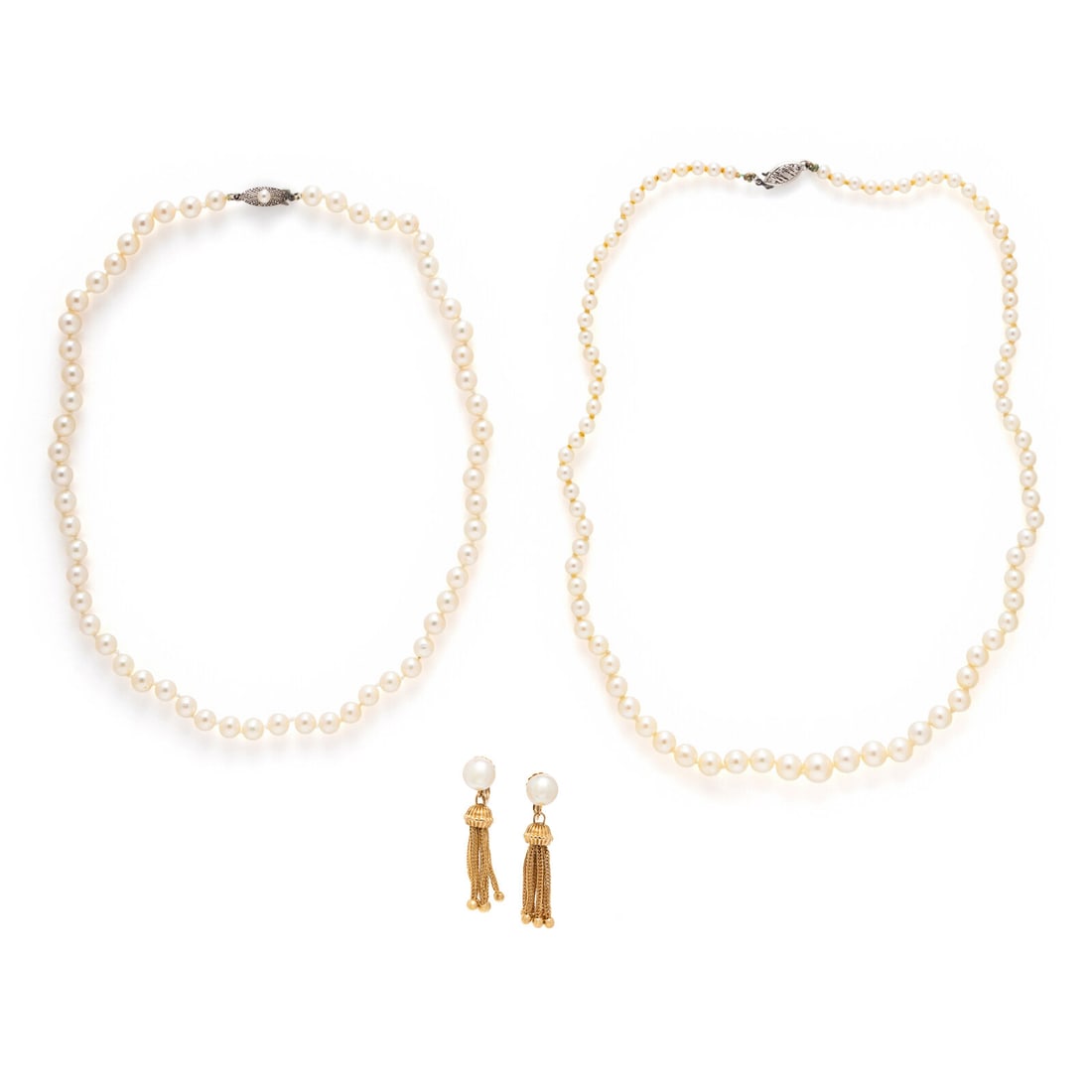 COLLECTION OF CULTURED PEARL JEWELRY: COLLECTION OF CULTURED PEARL JEWELRY Including a necklace with cultured pearls measuring approximately 5.15 - 5.45 mm, a necklace with graduated cultured pearls measuring approximately 3.50 - 7.35