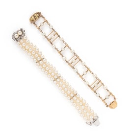 TWO CULTURED PEARL AND GOLD BRACELETS