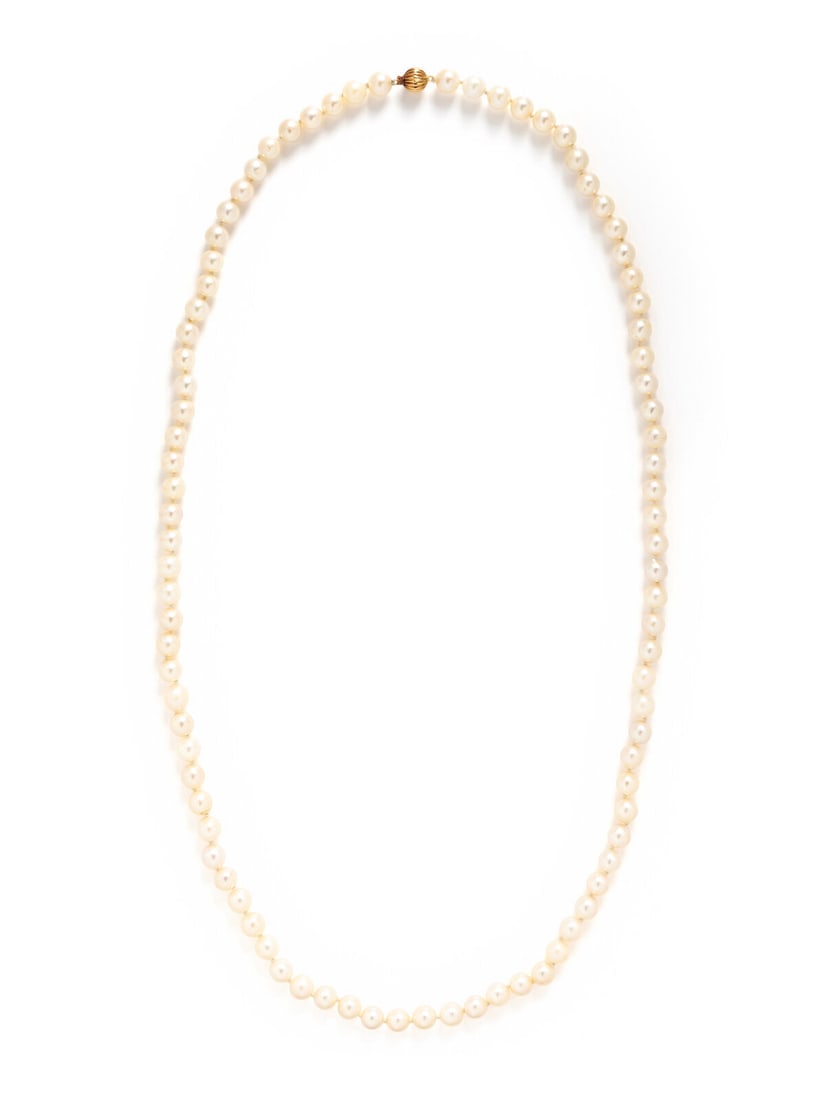 CULTURED PEARL NECKLACE: CULTURED PEARL NECKLACE Cultured pearls measuring approximately 8.00 - 9.45 mm, with a 14 karat yellow gold clasp. 33 1/2 inches long. Stamp: 585 (maker's mark). Gross weight: 53.90 dwt. Property