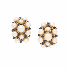 CULTURED PEARL, SAPPHIRE, AND YELLOW GOLD EARRINGS