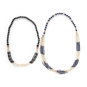 TWO YELLOW GOLD AND BEAD NECKLACES