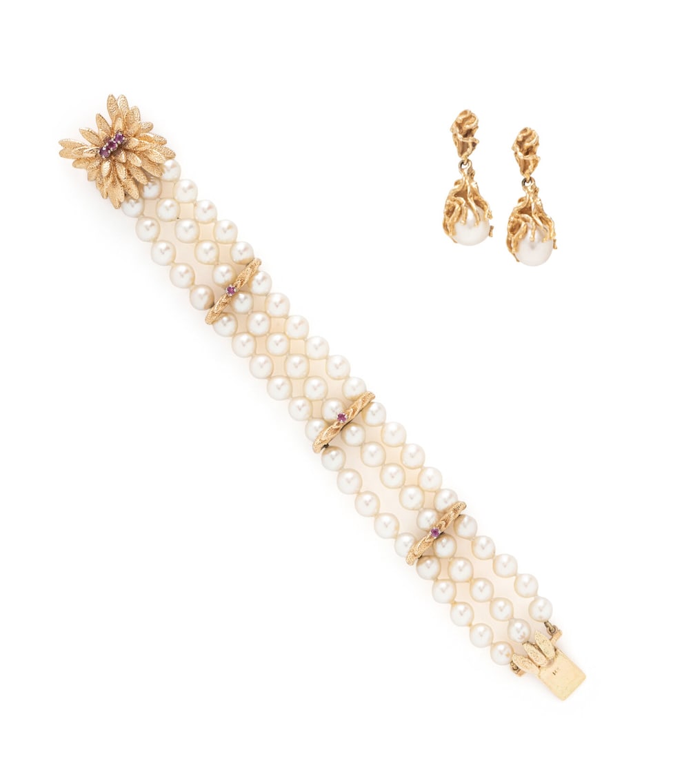 CULTURED PEARL AND YELLOW GOLD BRACELET AND EARRINGS: CULTURED PEARL AND YELLOW GOLD BRACELET AND EARRINGS Including a bracelet with cultured pearls measuring approximately 6.00 - 6.25 mm, round rubies, and synthetic rubies, and a pair of earrings set