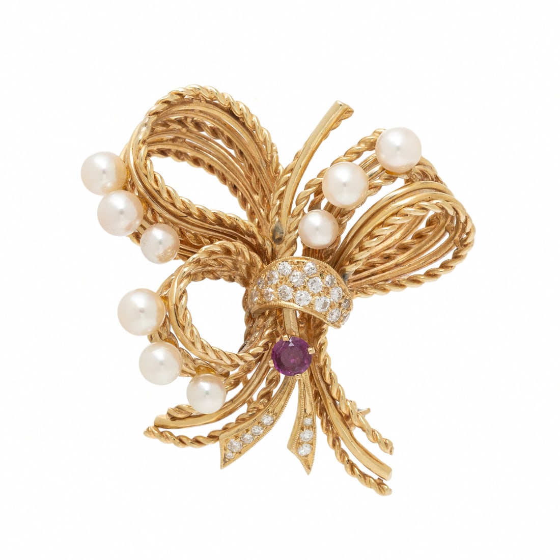 YELLOW GOLD, DIAMOND, RUBY, AND CULTURED PEARL BOW BROOCH (1 of 2)