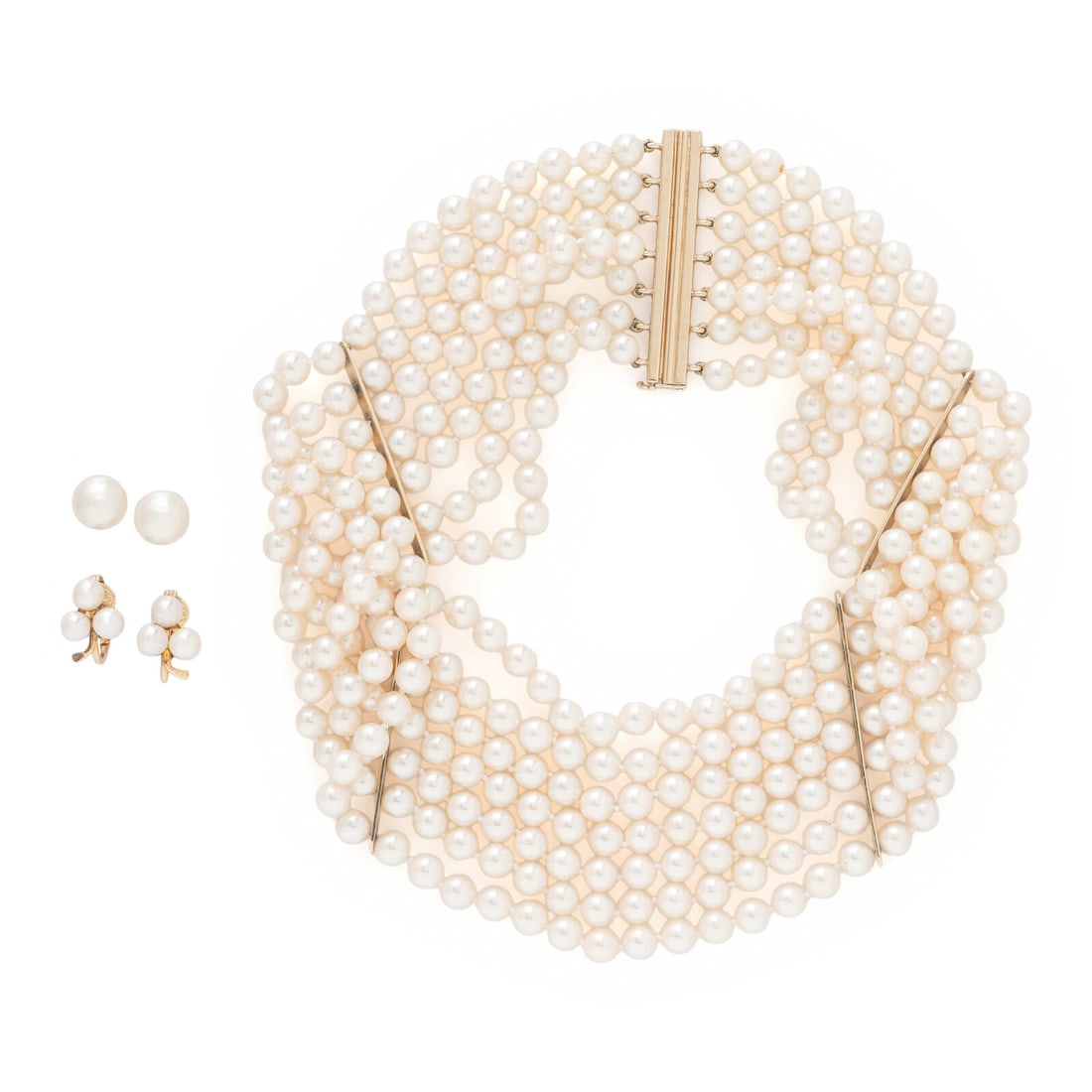 COLLECTION OF CULTURED PEARL AND YELLOW GOLD JEWELRY: COLLECTION OF CULTURED PEARL AND YELLOW GOLD JEWELRY Including a necklace set with seven strands of cultured pearls measuring approximately 5.80 - 6.25 mm, a pair of earrings set with cultured pearls