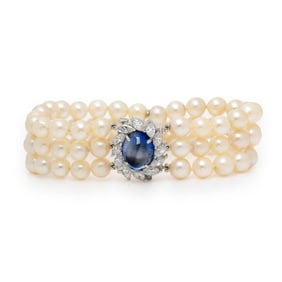 CULTURED PEARL, SYNTHETIC SAPPHIRE, AND DIAMOND BRACELET