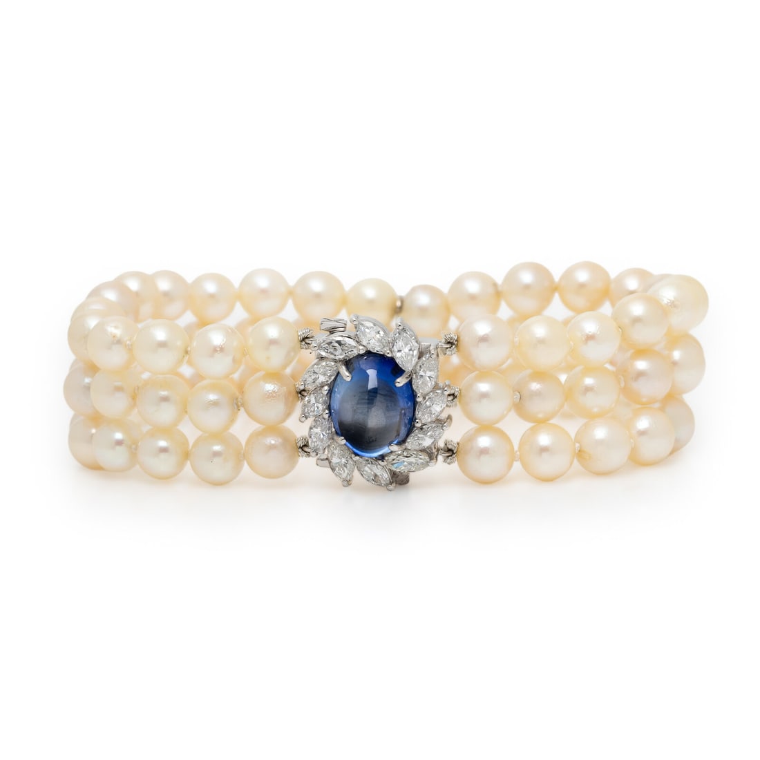 CULTURED PEARL, SYNTHETIC SAPPHIRE, AND DIAMOND BRACELET (1 of 2)