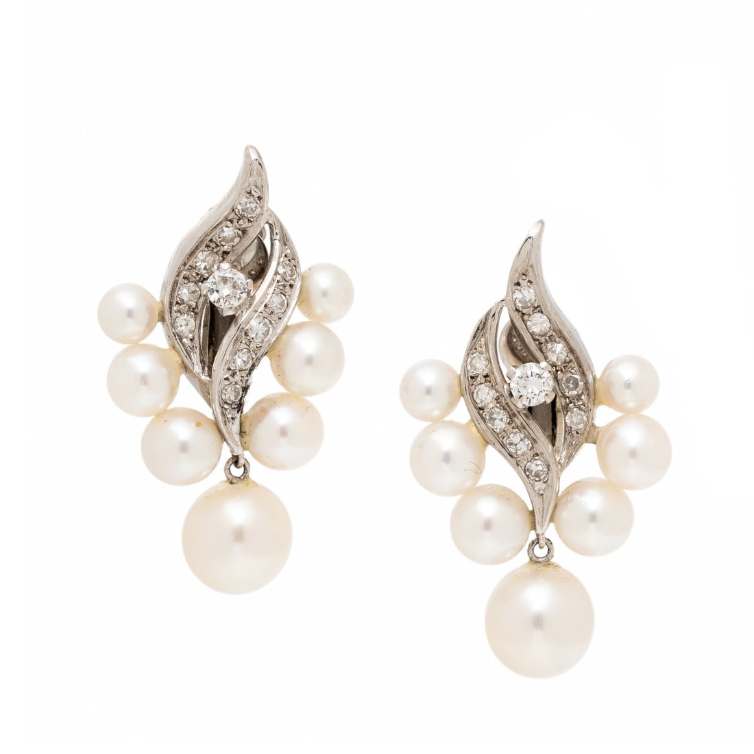 CULTURED PEARL, DIAMOND, AND WHITE GOLD EARRINGS: CULTURED PEARL, DIAMOND, AND WHITE GOLD EARRINGS Cultured pearls measuring approximately 4.35 - 8.50 mm and round and single cut diamonds weighing approximately 0.60 carat total. 14 karat white gold.