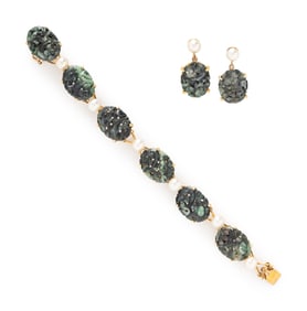 JADE, CULTURED PEARL, AND YELLOW GOLD EARRINGS AND BRACELET