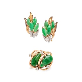 JADE, DIAMOND, AND GOLD EARRINGS AND RING