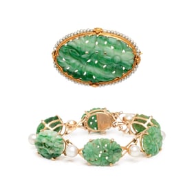 JADE, CULTURED PEARL, AND YELLOW GOLD BRACELET AND BROOCH