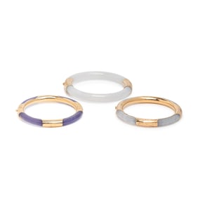 THREE JADE AND YELLOW GOLD BANGLE BRACELETS