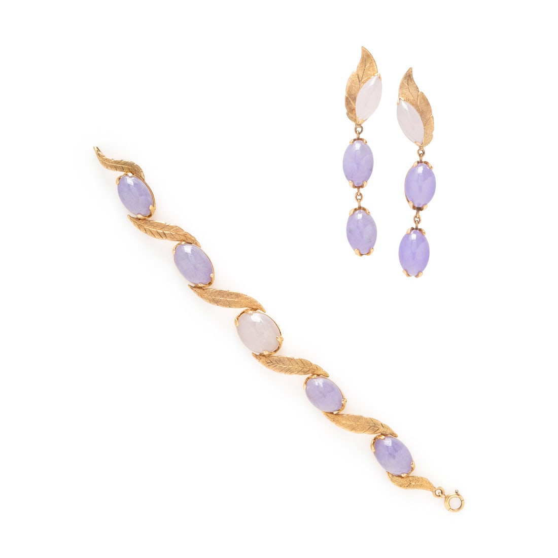 LAVENDER JADE AND YELLOW GOLD EARRINGS AND BRACELET: LAVENDER JADE AND YELLOW GOLD EARRINGS AND BRACELET Including a pair of earrings and a bracelet set with oval cabochon lavender jade. Yellow gold. Earrings: 2 1/2 inches long. Bracelet: 6 1/4 inches l