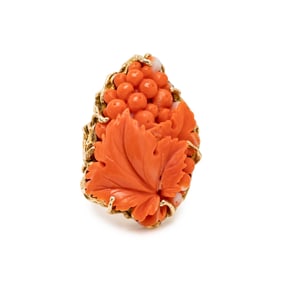 CARVED CORAL AND YELLOW GOLD RING