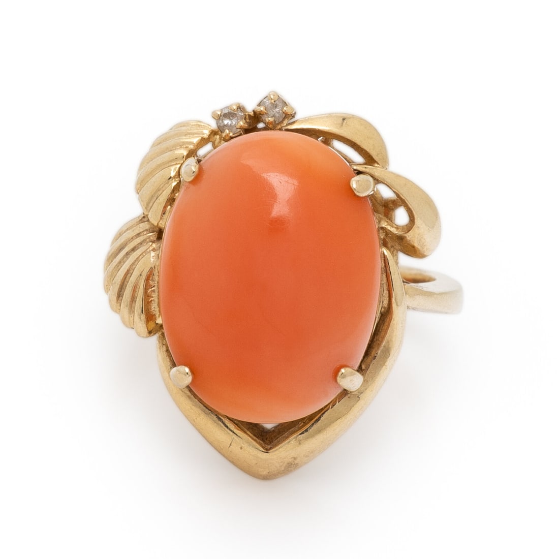 CORAL, DIAMOND, AND YELLOW GOLD RING (1 of 6)