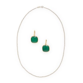 WHITE GOLD BEAD NECKLACE AND GREEN CHALCEDONY EARRINGS