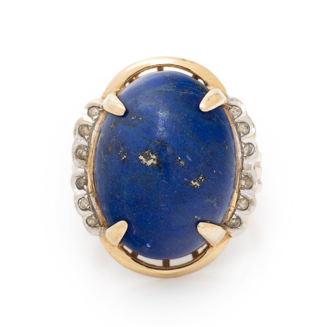LAPIS LAZULI, DIAMOND, AND YELLOW GOLD RING: LAPIS LAZULI, DIAMOND, AND YELLOW GOLD RING Oval cabochon lapis lazuli measuring approximately 19.60 x 14.75 mm and round diamonds. 14 karat yellow and white gold. Ring size 6 1/2. Stamp: 585 14K. Gro