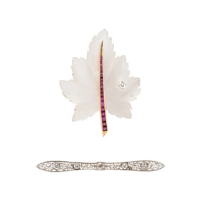 MULTIGEM LEAF BROOCH AND DIAMOND BAR PIN