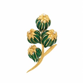 YELLOW GOLD, ENAMEL, AND DIAMOND FOLIATE BROOCH