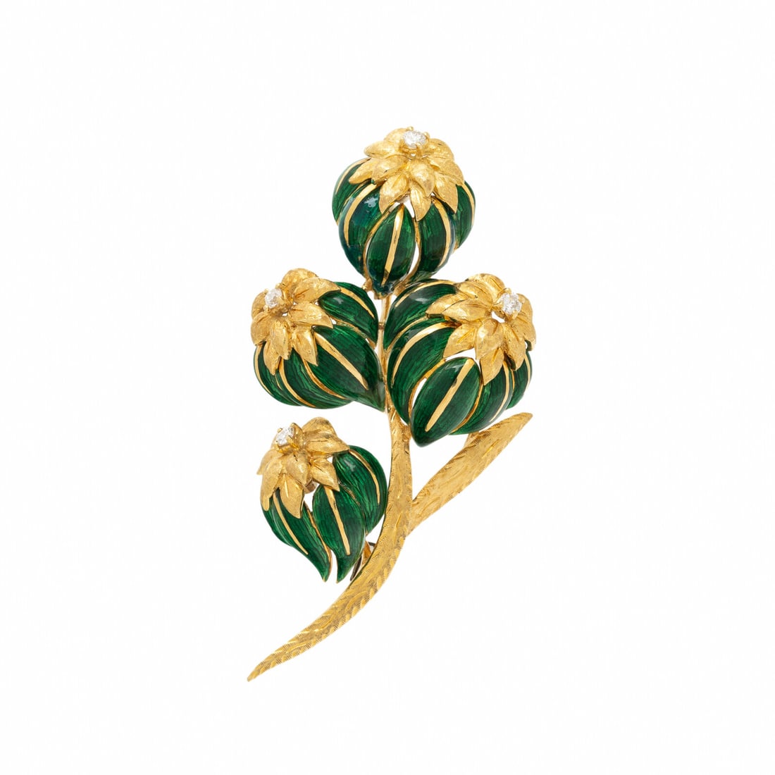 YELLOW GOLD, ENAMEL, AND DIAMOND FOLIATE BROOCH: YELLOW GOLD, ENAMEL, AND DIAMOND FOLIATE BROOCH Round diamonds and green guilloche enamel. 18 karat yellow gold. 2 3/8 x 1 1/8 inches. Stamp: 18K TAL. Gross weight: 12.60 dwt. Property of a Private Co