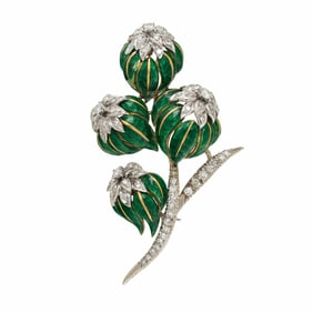 ENAMEL, DIAMOND, AND BICOLOR GOLD FOLIATE BROOCH