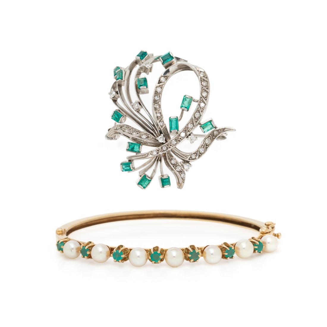 COLLECTION OF GOLD AND GEMSTONE JEWELRY: COLLECTION OF GOLD AND GEMSTONE JEWELRY Including a brooch set with baguette cut emeralds and round diamonds weighing approximately 0.40 carat total, and a bangle bracelet set with round green stones