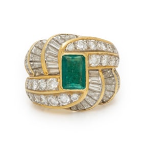 EMERALD, DIAMOND RING, AND YELLOW GOLD RING