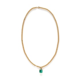 EMERALD PENDANT AND YELLOW GOLD BEADED CHAIN NECKLACE