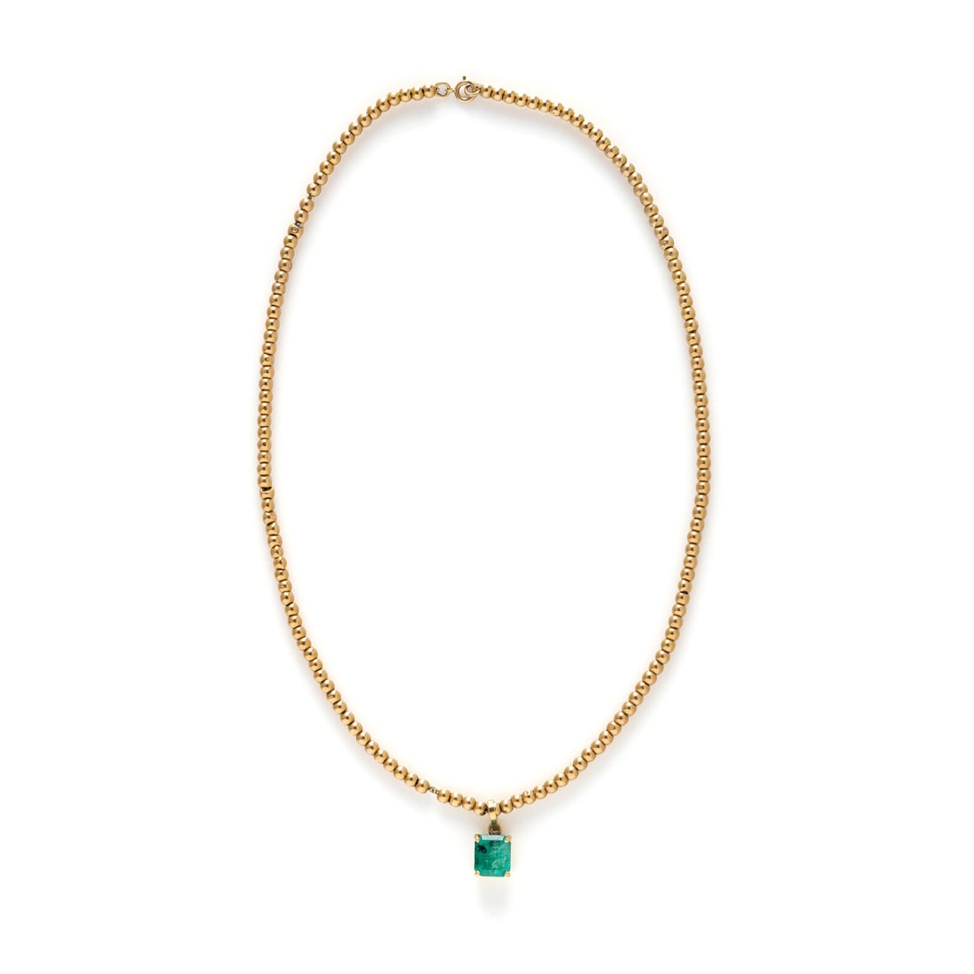 EMERALD PENDANT AND YELLOW GOLD BEADED CHAIN NECKLACE: EMERALD PENDANT AND YELLOW GOLD BEADED CHAIN NECKLACE Emerald cut emerald weighing approximately 2.25 carats by formula. 14 karat yellow gold. 15 1/2 inches long. Stamp: 14K. Gross weight: 4.40 dwt.