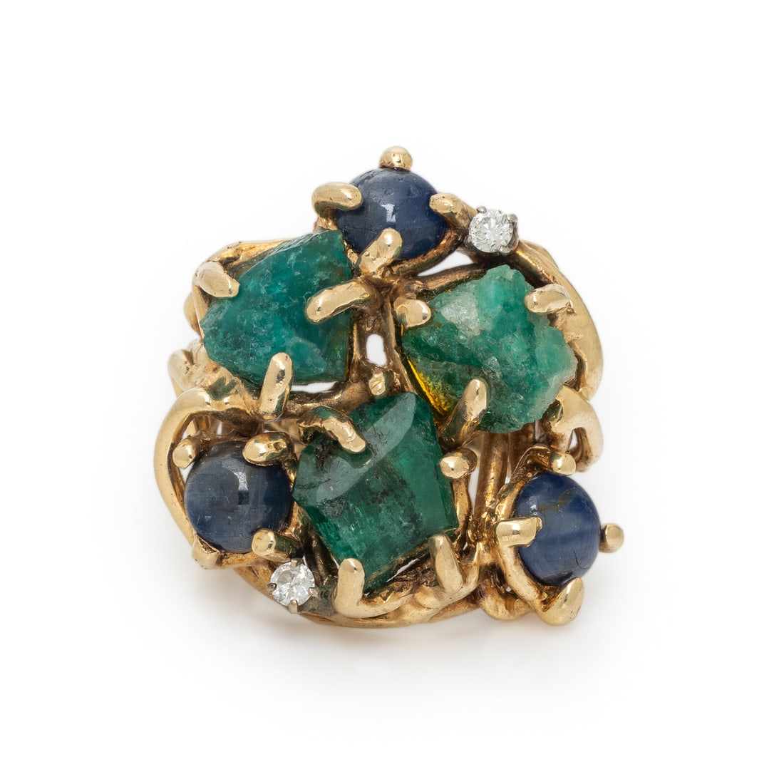 YELLOW GOLD, EMERALD, SAPPHIRE, AND DIAMOND RING: YELLOW GOLD, EMERALD, SAPPHIRE, AND DIAMOND RING Rough emeralds, round cabochon sapphires, and round diamonds. 14 karat yellow gold. Ring size 6. Stamp: 14K. Gross weight: 12.35 dwt. Property of a Pri