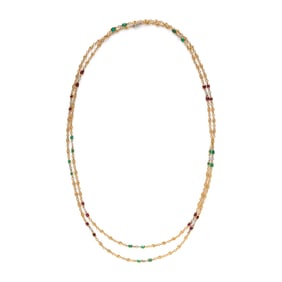 RUBY, EMERALD, DIAMOND, AND YELLOW GOLD FANCY LINK STATION NECKLACE