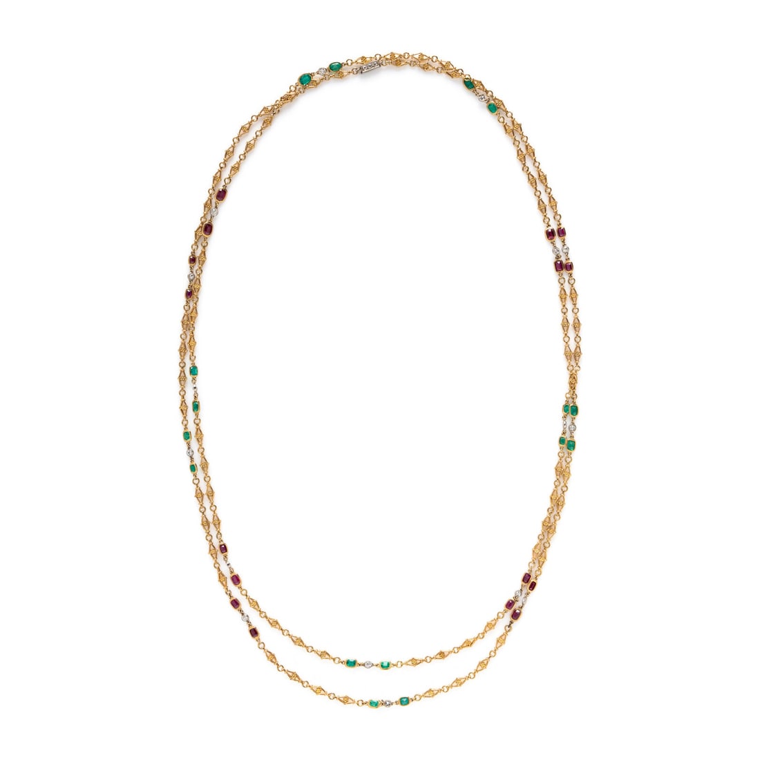 RUBY, EMERALD, DIAMOND, AND YELLOW GOLD FANCY LINK STATION NECKLACE: RUBY, EMERALD, DIAMOND, AND YELLOW GOLD FANCY LINK STATION NECKLACE Cushion cut rubies, cushion cut emeralds, and old European cut diamonds weighing approximately 1.30 - 1.60 carats total. Yellow