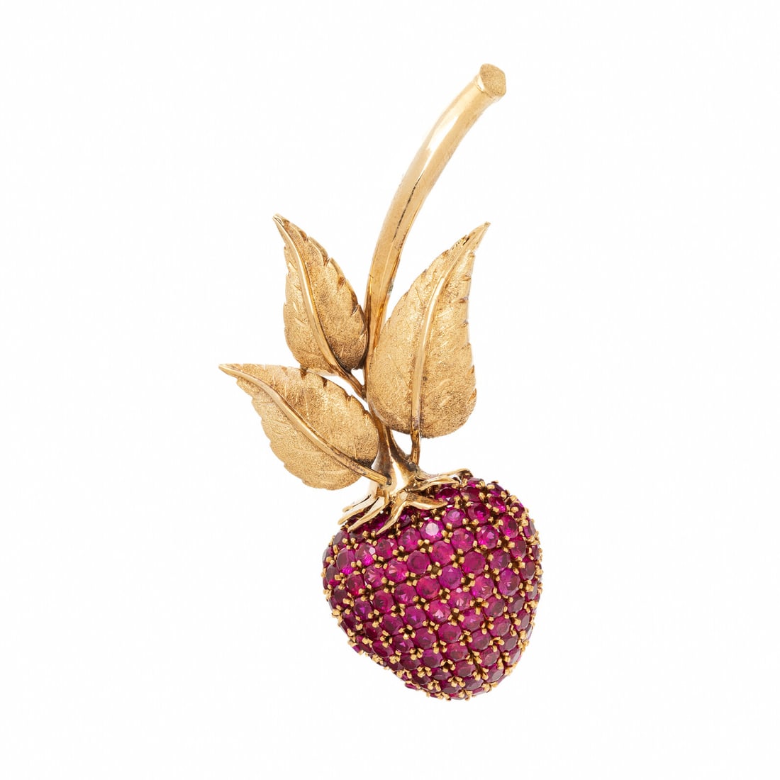 SYNTHETIC RUBY AND YELLOW GOLD STRAWBERRY BROOCH: SYNTHETIC RUBY AND YELLOW GOLD STRAWBERRY BROOCH Round synthetic rubies. Yellow gold. 2 7/8 x 1 3/8 inches. Gross weight: 16.80 dwt. Property of a Private Collector This lot is located in Chicago.