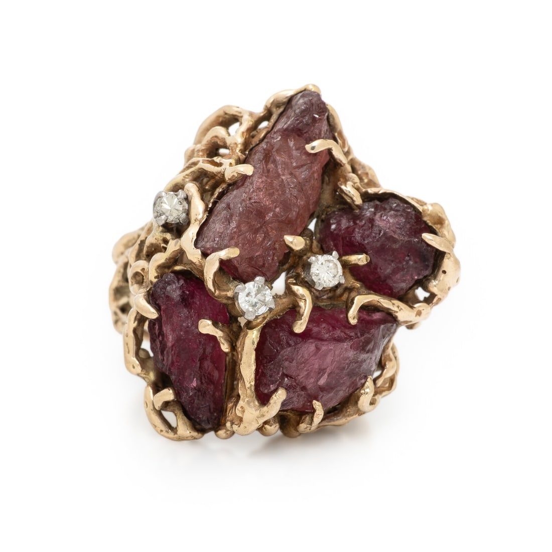 PINK TOURMALINE, DIAMOND, AND YELLOW GOLD RING: PINK TOURMALINE, DIAMOND, AND YELLOW GOLD RING Rough pink tourmaline and round diamonds. 14 karat yellow gold. Ring size 8 3/4. Stamp: 14K. Gross weight: 14.35 dwt. Property of a Private Collector