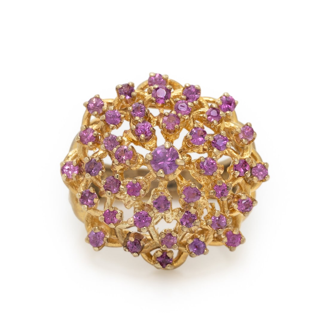YELLOW GOLD AND PINK SAPPHIRE RING: YELLOW GOLD AND PINK SAPPHIRE RING Round pink sapphires. 14 karat yellow gold. Ring size 6 3/4. Stamp: 14K. Gross weight: 8.75 dwt. Property of a Private Collector This lot is located in Chicago.