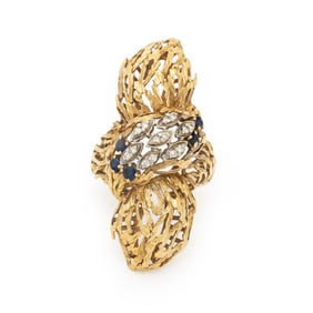 YELLOW GOLD, DIAMOND, AND SAPPHIRE RING