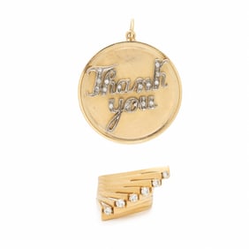 YELLOW GOLD AND DIAMOND 'THANK YOU' CHARM AND RING