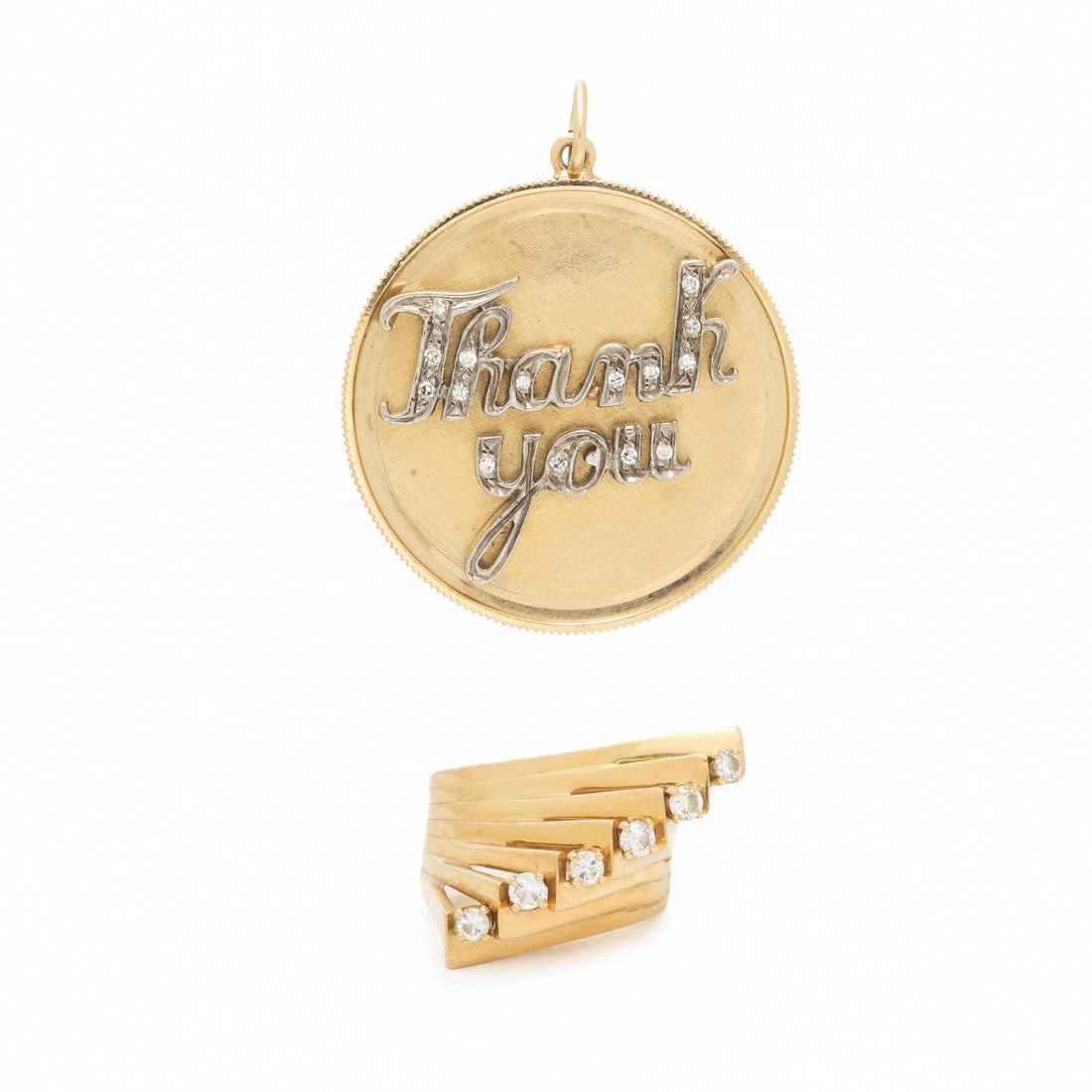 YELLOW GOLD AND DIAMOND 'THANK YOU' CHARM AND RING: YELLOW GOLD AND DIAMOND 'THANK YOU' CHARM AND RING Including a ring set with round diamonds, and a pendant set with single cut diamonds. 14 karat yellow and white gold. Ring size 6. Pendant: 1 1/2 x