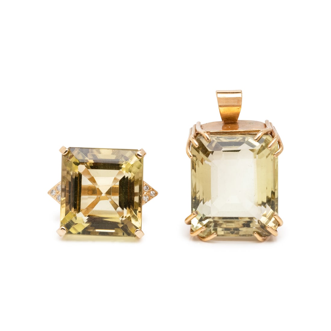 CITRINE AND YELLOW GOLD PENDANT AND RING: CITRINE AND YELLOW GOLD PENDANT AND RING Including a pendant set with an emerald cut citrine weighing approximately 75.00 carats by formula, and a ring set with an emerald cut citrine weighing