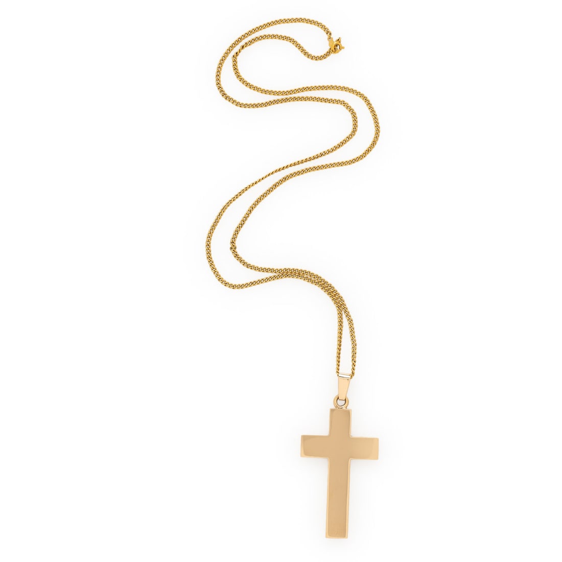 YELLOW GOLD CROSS PENDANT NECKLACE: YELLOW GOLD CROSS PENDANT NECKLACE 14 karat yellow gold. Pendant: 2 1/2 x 1 1/8 inches. Chain: 23 1/2 inches long Pendant stamp: (maker's mark) (Finnish control mark) 585. Chain stamp: AJC 14K CO.