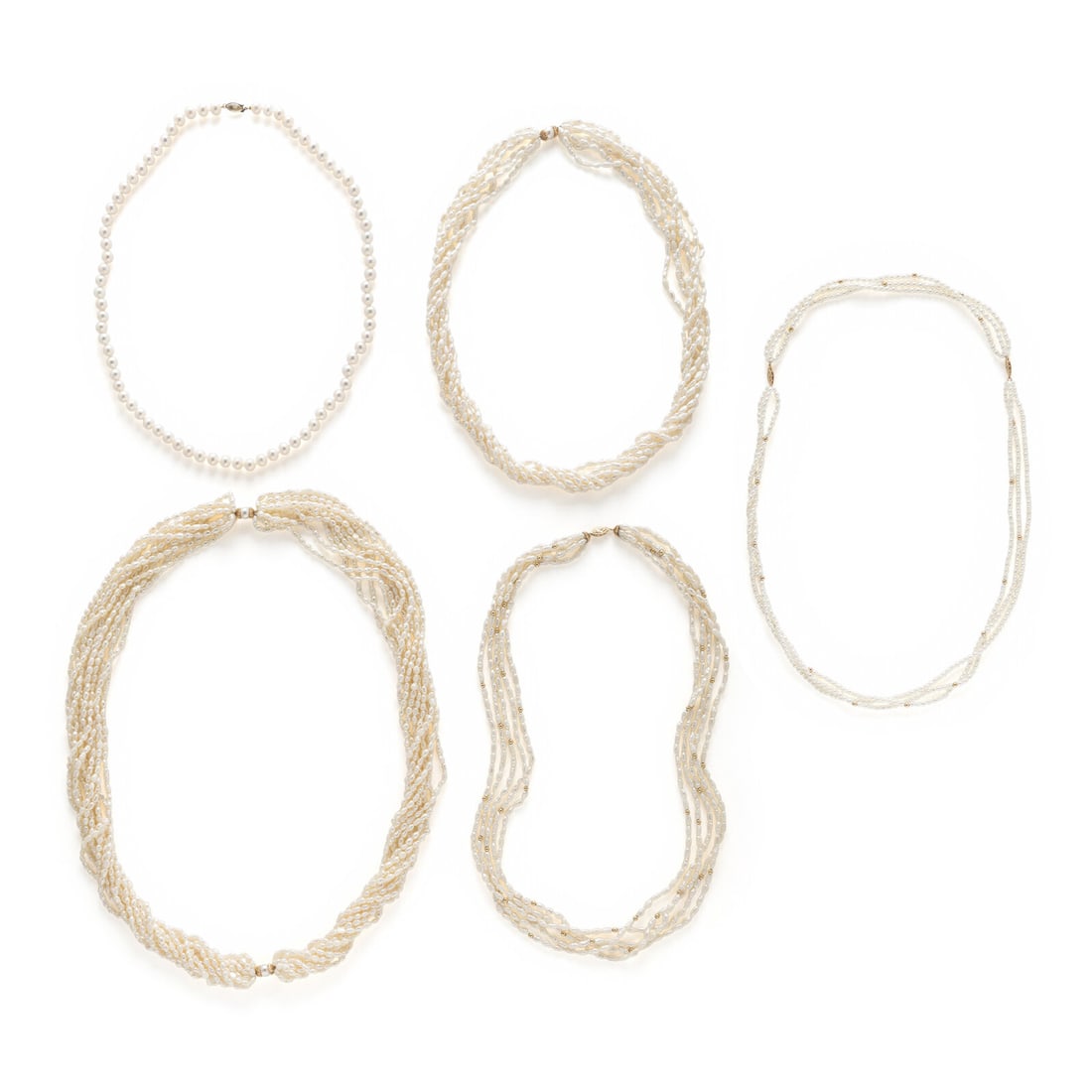 COLLECTION OF KESHI PEARL AND CULTURED PEARL NECKLACES: COLLECTION OF KESHI PEARL AND CULTURED PEARL NECKLACES Including five necklaces, three with keshi pearls, one with cultured pearls measuring approximately 7.00 mm, and the last with seed pearls,