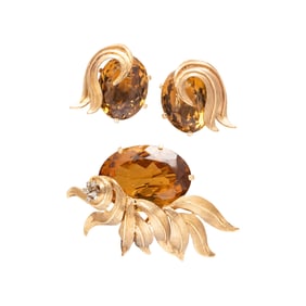 CITRINE AND YELLOW GOLD EARRINGS AND BROOCH