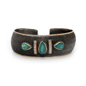 EMERALD, DIAMOND, SILVER, AND YELLOW GOLD CUFF BRACELET