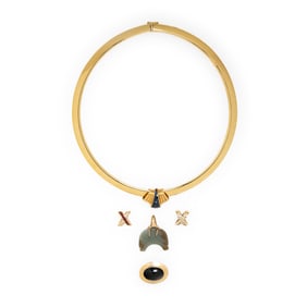 YELLOW GOLD OMEGA NECKLACE WITH FIVE MULTIGEM SLIDE PENDANTS