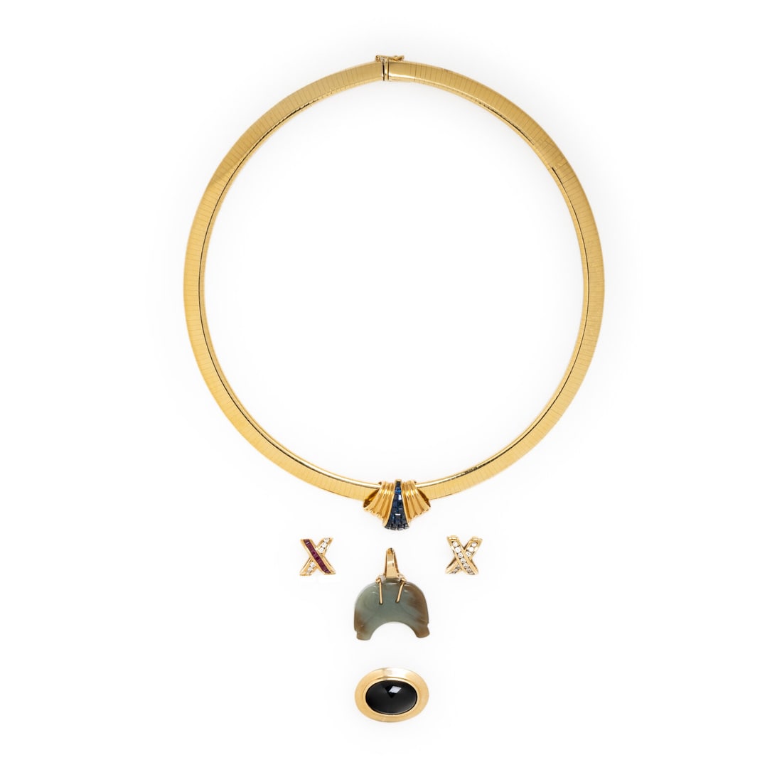 YELLOW GOLD OMEGA NECKLACE WITH FIVE MULTIGEM SLIDE PENDANTS: YELLOW GOLD OMEGA NECKLACE WITH FIVE MULTIGEM SLIDE PENDANTS Including an omega necklace and five slide pendants, the pendants set with calibré cut sapphires, round diamonds, round diamonds and c