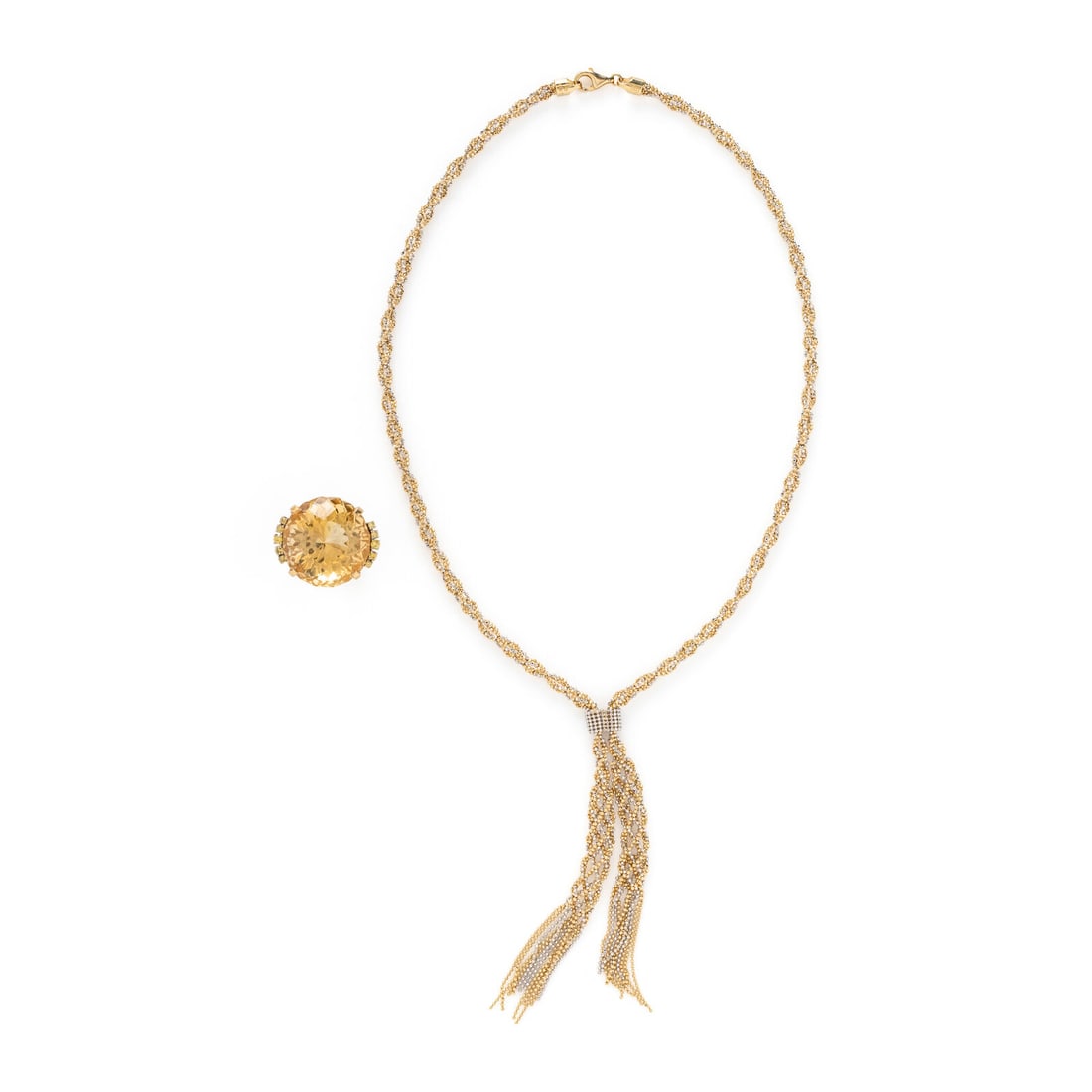 YELLOW GOLD AND CITRINE RING AND FRINGE NECKLACE: YELLOW GOLD AND CITRINE RING AND FRINGE NECKLACE Including a ring and a necklace, the ring set with a round checkerboard faceted citrine and round yellow diamonds (origin of color not tested). 14