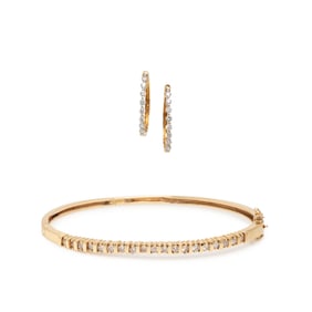 YELLOW GOLD AND DIAMOND BANGLE BRACELET AND HOOP EARRINGS