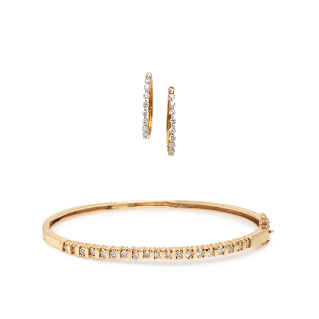 YELLOW GOLD AND DIAMOND BANGLE BRACELET AND HOOP EARRINGS (1 of 3)